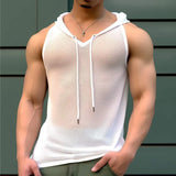 Riolio  Men Solid Mesh Hooded Sleeveless Tank Top Drawstring Gym Fitness Muscle Vest