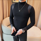 Riolio Korean Fashion Patchwork T-shirt for Men Long Sleeve Slim Fit Casual T-shirts Business Social Versatile Base Shirt Men M-4XL