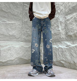 Riolio Mens Fashion Printed Jeans Spring Floral Denim Mopping Trousers Korean Style High Street Loose Hip Hop Wide-leg Jean Pants