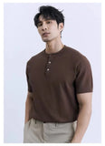 Riolio New Fashion American Style Men T-shirt Luxury Striped Knitted Henry Collar Tees Casual Solid Color Short Sleeve Breathable Tops