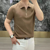 Riolio  Summer Thin Ice Silk Cool Men's Polo Shirt Solid Lapel Zipper Patchwork Smart Casual Elastic Breathable Short Sleeved Top