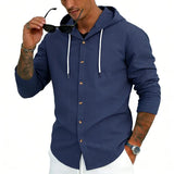 Riolio  Men's Striped Hooded Shirt Long Sleeve Button Down Casual Linen Blend Hoodie Shirt for Daily Wear