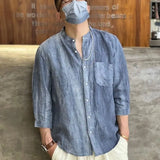 Riolio  Spring Summer New Solid Color Fashion Round Neck Shirt Man High Street Three Quarter Button Cardigan Fiberflax Breathable Tops