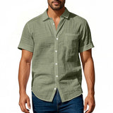 Riolio  Cross-border Men's Hawaiian Style Flax Casual Henry Neck Lapel Casual Short Sleeve Shirt