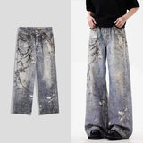 Riolio New Men's 3D Chain Printed Baggy Jeans Autumn Casual Baggy Straight Denim Pants Women High Street Blue Wide-leg Y2K Jean