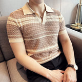 Riolio  New Fashion Hollow Out Polo Shirt Luxury Men's Clothing Korean Style Leisure V Neck Short Sleeve Patchwork Breathable Knitwear