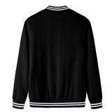 Riolio  Men's Cable Knit Varsity Jacket Striped Collar Cuff Button Down Baseball Bomber Jacket Casual Knit Cardigan Coat