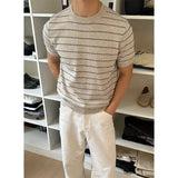 Riolio  Men Crew Neck Striped Knit Short Sleeve T Shirt Loose Old Money Style Breathable Casual Summer Basic Top