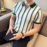 Riolio  Korean Fashion Men Polo Shirts Summer Trend Smart Casual Lapel Striped Contrast Color Half Zipper Short Sleeve Slim Knitted Tops