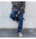 Hip Hop Jeans Men Fashion Pocket Blue/Black Baggy Jeans Mens Streetwear Loose Hip Hop Straight Cargo Denim Pants Mens Trousers