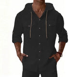 Riolio  Men's Linen Hooded Shirt Casual Solid Color Long Sleeve Beach Button Tops
