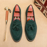 Riolio  Italian Luxury Brand Suede Men's Tassel Design Loafers Slip-on Handmade High Quality Nubuck Leather Shoes Pointed Toe Thick Sole