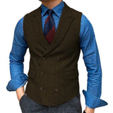 Riolio  Men Vest Brown Herringbone With Lapel Waistcoat Vintage Regular Slim Business Banquet Business Casual Men Suit Vest
