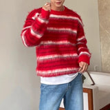Riolio  Men's Luxury Knitted Mohair Stripe Sweater Chic Long Sleeve Solid Color O Neck Pullover Autumn Korean Trendy Male Clothing M-2XL