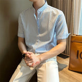 Riolio New Fashion Striped Stand Collar Men Shirts Luxury Casual Textured Half Sleeve Cardigan Tops Summer Business Slim-fit Blouse