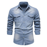 Riolio  Spring Autumn Vintage Solid Men Washed Denim Shirt Causal Full Sleeve Turn Down Collar Single Breasted Multi Pockets Shirts Man