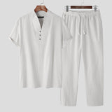 Riolio Casual Well Fitting Suits  New Men's Solid Short Sleeve V-Collar Tops Trousers Simple All-match Two-piece Sets S-5XL