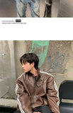Riolio Retro Leather Jacket Men Women  American Patchwork Strip Racing Outerwear Loose Hip Hop Zippers Brown PU Coat Streetwear Spring