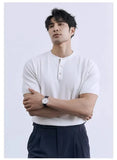 Riolio New Fashion American Style Men T-shirt Luxury Striped Knitted Henry Collar Tees Casual Solid Color Short Sleeve Breathable Tops