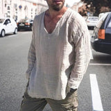 Riolio Men V-neck Long Sleeve Shirt Tops Burr Edge Pleated Loose Thin Pullover Tops Streetwear Spring Autumn Casual Handsome Men Shirts