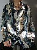 Riolio  Men Trendy Vintage Shirt Hong Kong Style Silk Satin Floral Loose Long Sleeve Rebellious Cool Smooth Drape Printed Oil Painting