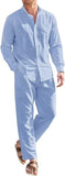 Riolio Mens Casual Linen Two Piece Sets Europe Style Vintage Basic Tops and Solid Pants Suit Male Beach Tracksuits Set