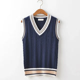 Riolio  Striped White Knitted Sweaters for Men Blue Sleeveless Man Clothes V Neck Vest Red Waistcoat Jumpers Sweat-shirt Cigaret Cotton