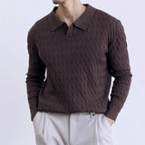 Riolio  New American Fashion Jacquarded Men Polo Sweater Light Luxury V Neck Knit Solid Color Long-sleeved Tops Premium Quality Knitwear