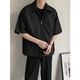 Riolio Summer Short Sleeved Shirt Men Fashion Oversized Zip Shirt Men Korean Loose Black White Dres Shirts Mens Ice Silk Shirt M-2XL