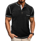 Riolio  Men's Grey Henley Neck Short Sleeve T-Shirt with Contrast Stitching Chest Pocket Casual Muscle Fit Top