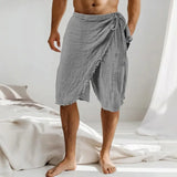 Riolio  Men's Bohemian Cotton Linen Shorts Side Tie Wrap Design Casual Summer Beachwear with Frayed Hem