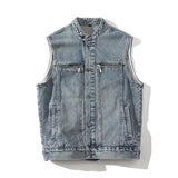 Riolio  Autumn Denim Vest Men Sleeveless Vintage Moto Biker Jean Jacket Coat Fashion Casual Mens Stand Collar Denim Waistcoat Streetwear