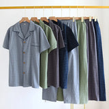 Riolio Men's Pajamas Summer Thin Short-sleeved Shorts Washed Cotton Simple Japanese Plaid Home Service Suit Pantalon Pijama Hombre