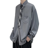 Riolio  Solid Color Shirt with Tie Spring Autumn New Style Hong Kong Style Retro Versatile Long Sleeve Men's Loose Casual Top Trend