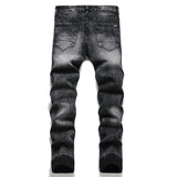 Riolio Slim Fit Elastic Black Cotton Embroidered Leather Label With Broken Hole Star Fashion Men's Jeans