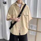 Riolio Working Pocket Solid Color Pure Cotton Short-sleeved Shirt Fashionable Summer Lapel Button Functional Half-sleeved Cardigan