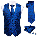 Riolio 4PC Mens Extra Silk Vest Party Wedding Gold Paisley Solid Floral Waistcoat Vest Pocket Square Tie Suit Set