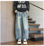 Riolio  Straight Leg Jeans Elastic Waist 2025 New Patchwork Design Utility Cargo Pants Men Big Side Pockets Autumn Workwear Trousers