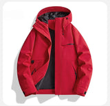 Riolio  Men's Windproof Hooded Jacket Solid Red Multi-Pocket Casual Outdoor Hiking Windbreaker Coat