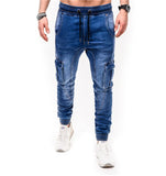 Riolio High Quality Solid Pocket Jeans Mens Denim Cotton Pants Causal Vintage Cargo Pants Drawstring Stretchy Pencil Jeans Male