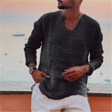 Riolio  Spring Summer Fashion Men Cotton Linen T-shirts Vintage Solid Casual Loose Oversized Tees Tops V-neck Long Sleeve T-Shirts Man