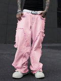 Riolio  Pink Frayed Wide-Leg All-Season Cargo Denim Jeans