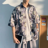 Riolio  Tie-dye Shirt Floral Short-sleeved Men Summer Trendy Thin Hong Kong Style Personalized Loose Cardigan