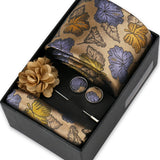 Riolio  Men Necktie Flower Pin Set With Box Luxury Necktie Handkerchief Brooch With Cufflinks Set Gift Box Wedding Men Suits Gravatas