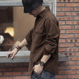 Riolio  Spring and Autumn New American Retro Tooling Brown Shirt Men's Long-sleeved Loose Casual Multi-pocket Shirt