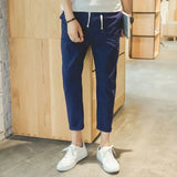 Riolio  Summer New Solid Color Elastic Waist Casual Ankle Length Pants Man Drawstring Pockets Fashion Casual Straight Trousers