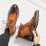 Riolio New Block Men's Boots Brown Flock Square Toe Lace-up Men Short Boots for Men with Botas De Hombre Men Boots