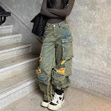 Riolio  Men and women high street hip-hop personality straight tube washed workwear jeans for couples loose retro casual pants y2k