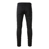 Riolio Men Snake Embroidery Jeans Skinny Tapered Stretch Denim Pants Streetwear Holes Ripped Leather Patch Patchwork Trousers Black