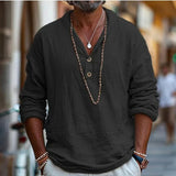 Riolio  Men's Linen Cotton Henley Hoodie Shirt Long Sleeve V Neck Casual Summer Beach Shirt Loose Fit